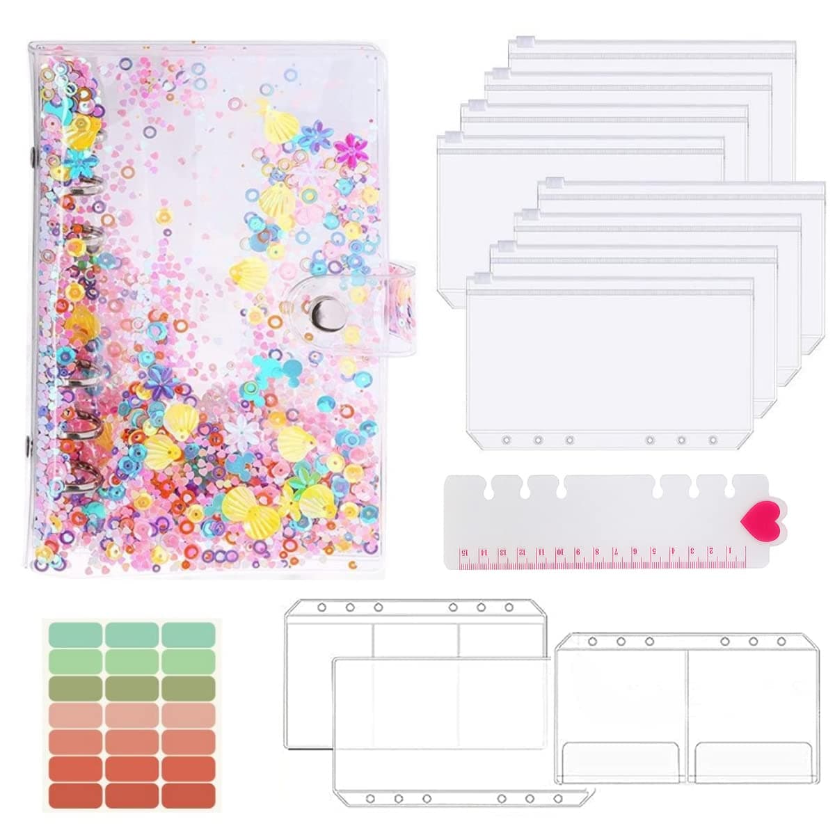 HASTHIP® File Folder Ring Binder Notebook Set, A6 PVC Cover Binder Clip with PVC Envelopes, Label Stickers, 1 Ruler, Card Holder, Ring Binder Clip Stationery Supplies