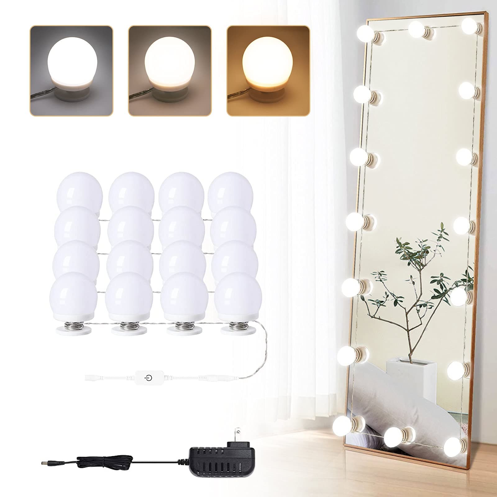 LED Vanity Mirror Lights Plug in Dimmable 3 Color Modes, Hollywood Style Makeup Lighting kit,Stick on LED Mirror Light for Dressing Room, Cosmetic Mirror, Tabletop 16BULBS