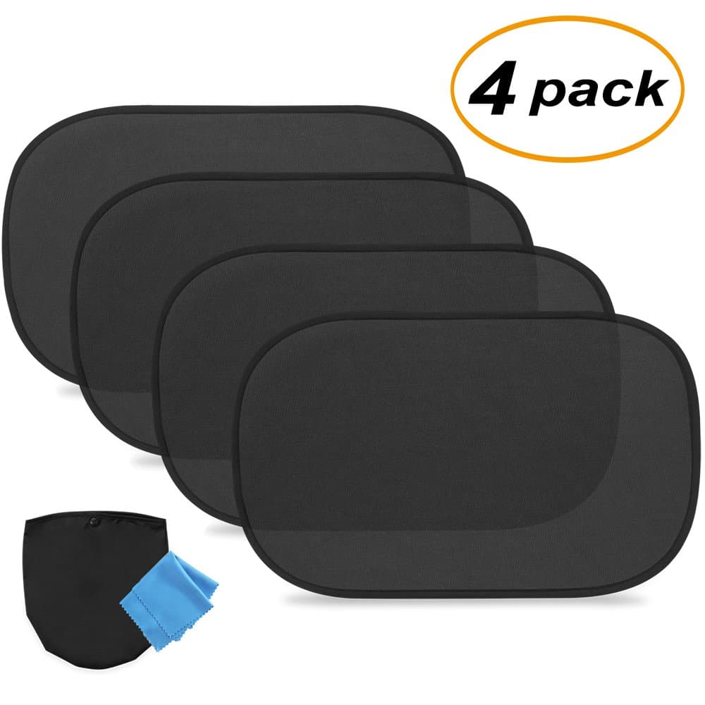 Car Sun Shade (4 pack) for Side and Rear Window 80 GSM Sunshade Protect Babies Kids and Pets from Sun Glare and UV Rays - an Extra Cloth and a Pouch Included (20x12)