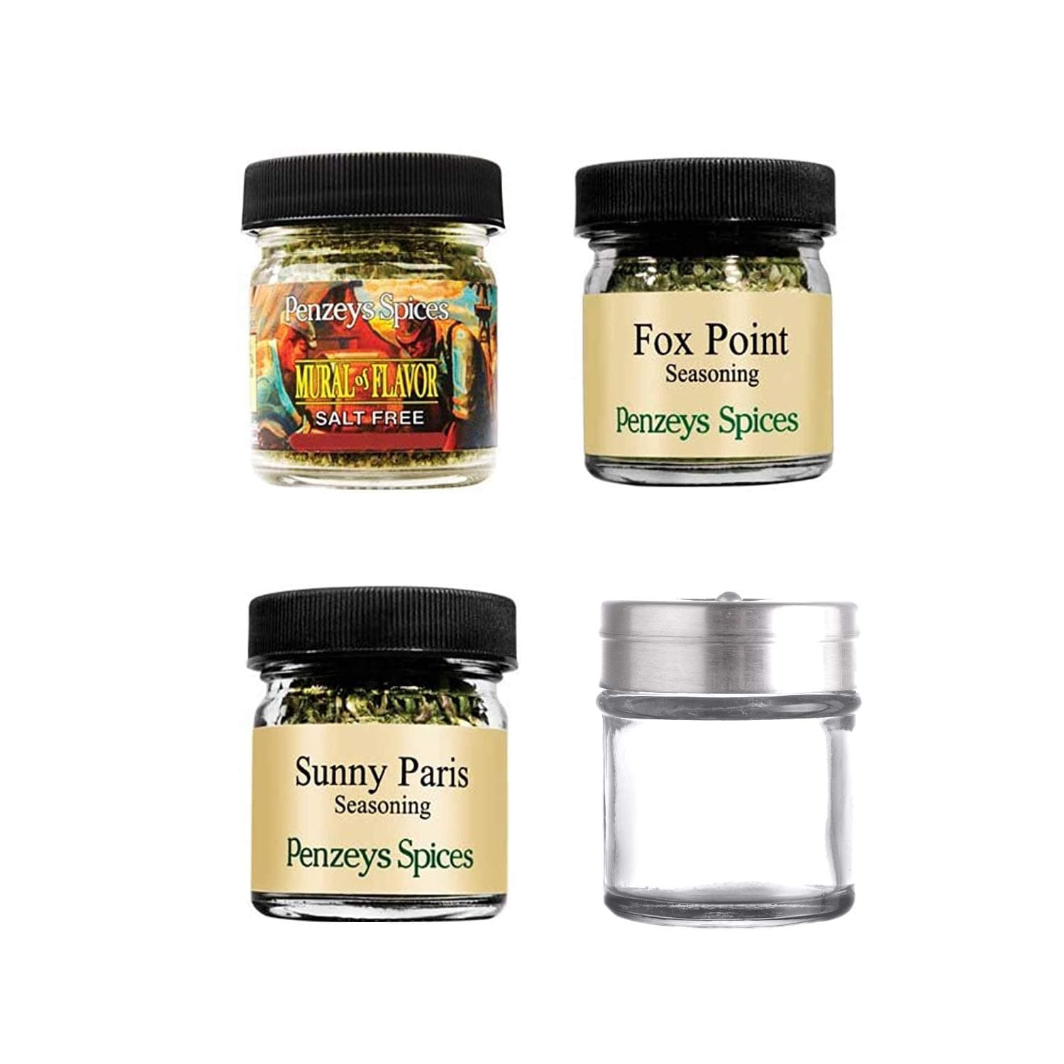 Sunny Paris .2 oz 1/4 cup jar, Mural Of Flavor .5 oz 1/4 cup jar and Fox Point .6 oz 1/4 cup jar Seasoning By Penzeys Spices & Spice shaker. Spice Set.