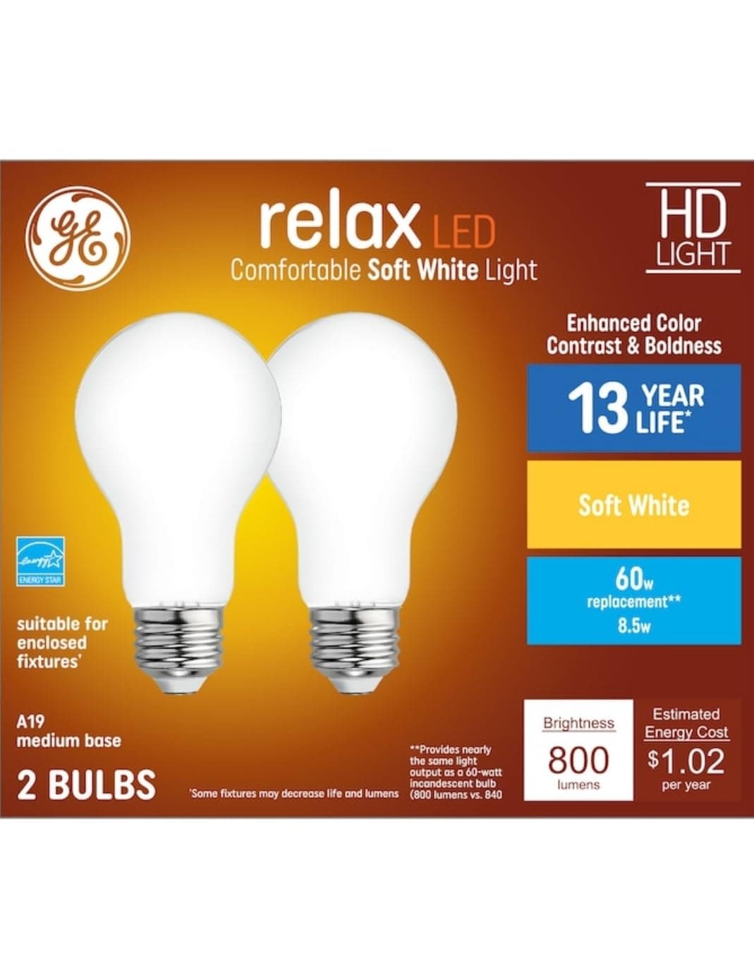 GE Relax 60-Watt EQ A19 Soft White Medium Base (e-26) Dimmable LED Light Bulb (2-Pack)