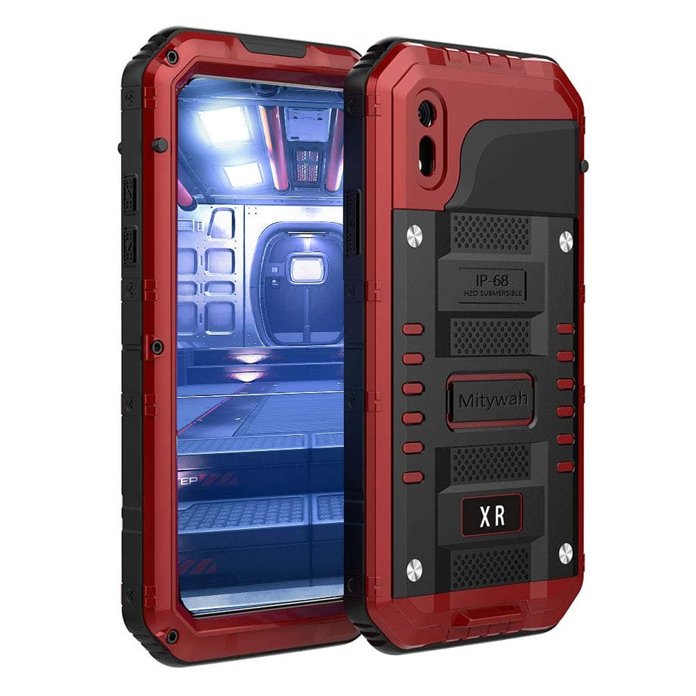 Mitywah Shockproof Case Compatible with iPhone XR, Waterproof Cover Built-in Screen Protector Armor Military Grade Heavy Duty Metal Shell with Impact Resistant Bumpers Red