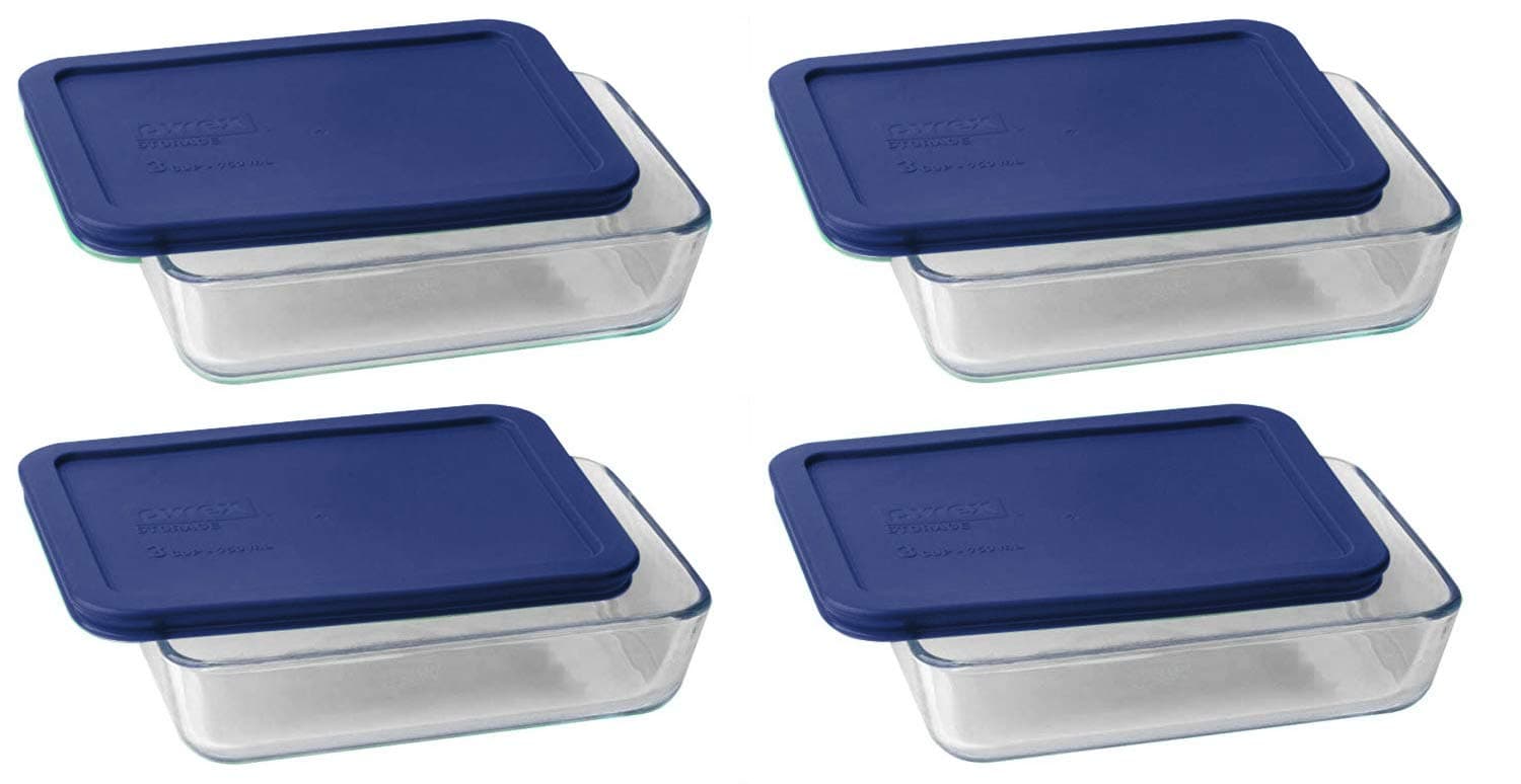 7210 3-Cup Glass Dish & 7210-PC Dark Blue Lid (4-Pack) - Made in USA