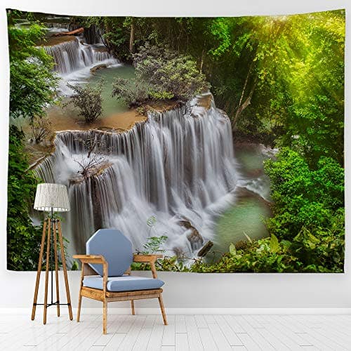 Baccessor Forest Waterfall Tapestry Deep in Rainforest Lush Jungle Trees with Rocks Stream Nature Landscape Tapestry, Extra Large, 90" W x 71" L (230cmx180cm) -Awe-Inspiring Waterfalls