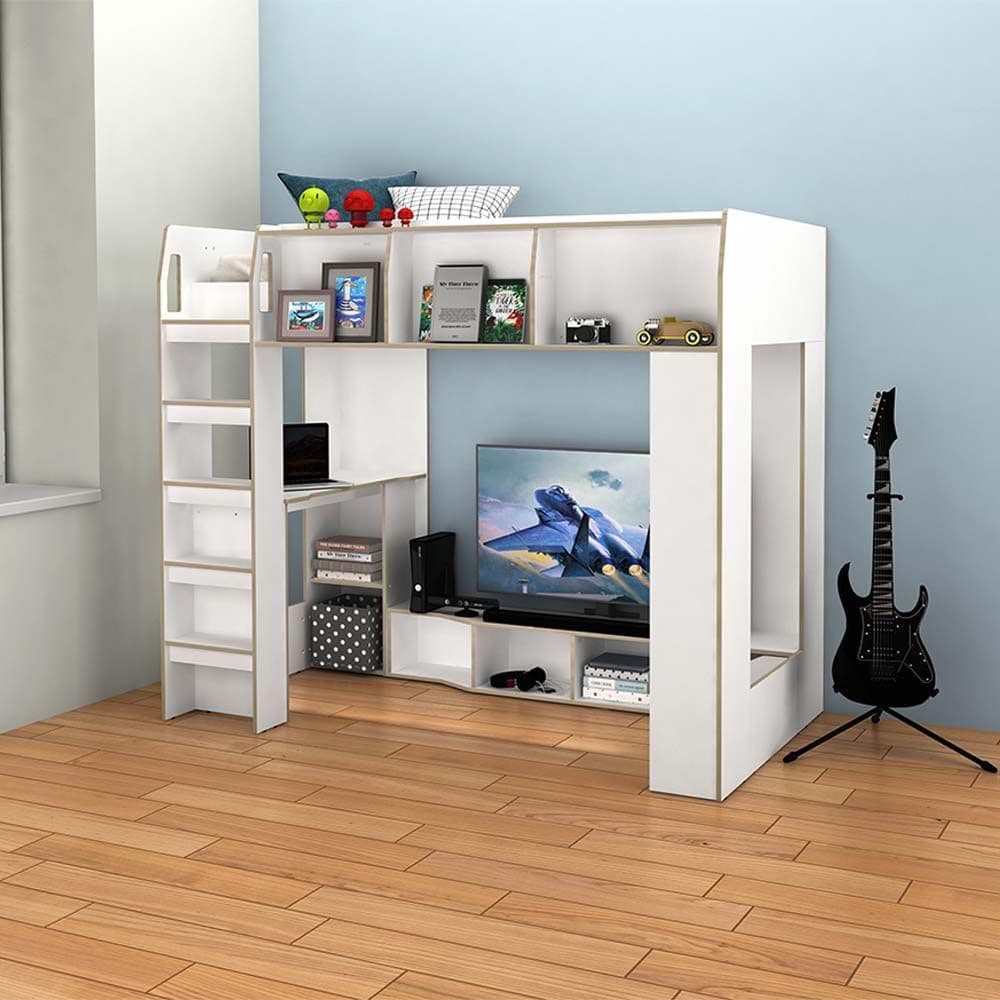 Kinder 90X190 Loft Bunk Bed With Study Desk & Storage | Sturdy Modern Design Wooden Single Bed Frame Furniture | Made In Malaysia L195.4xW113xH170cm - White & Sonoma Oak