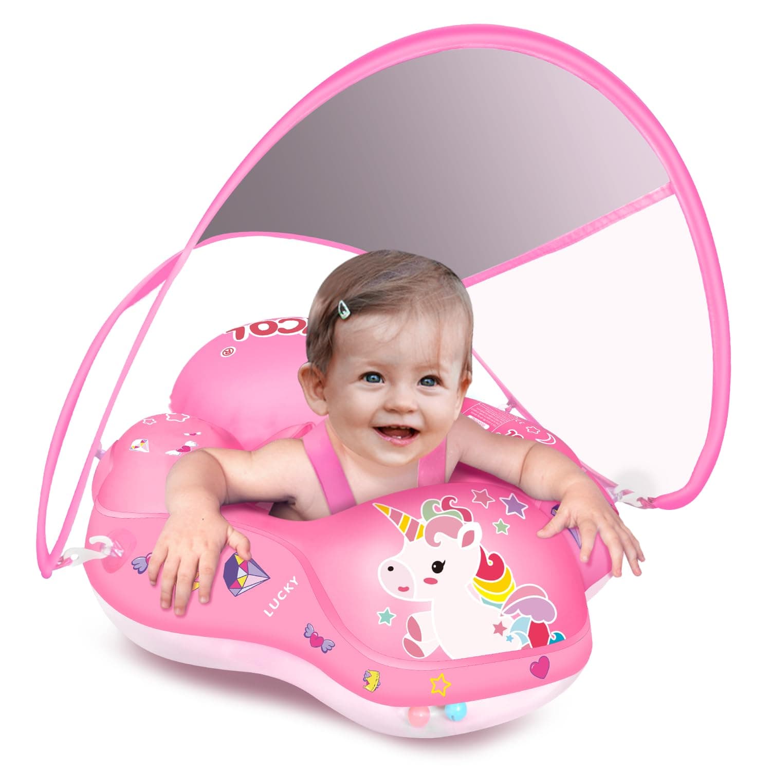 Baby Pool Float No Flip Over, Inflatable Baby Float with Sun Protection Canopy, Baby Swimming Float, Baby Swim Float with Double Air Chambers, Add Tail for Age of 3-36 Months