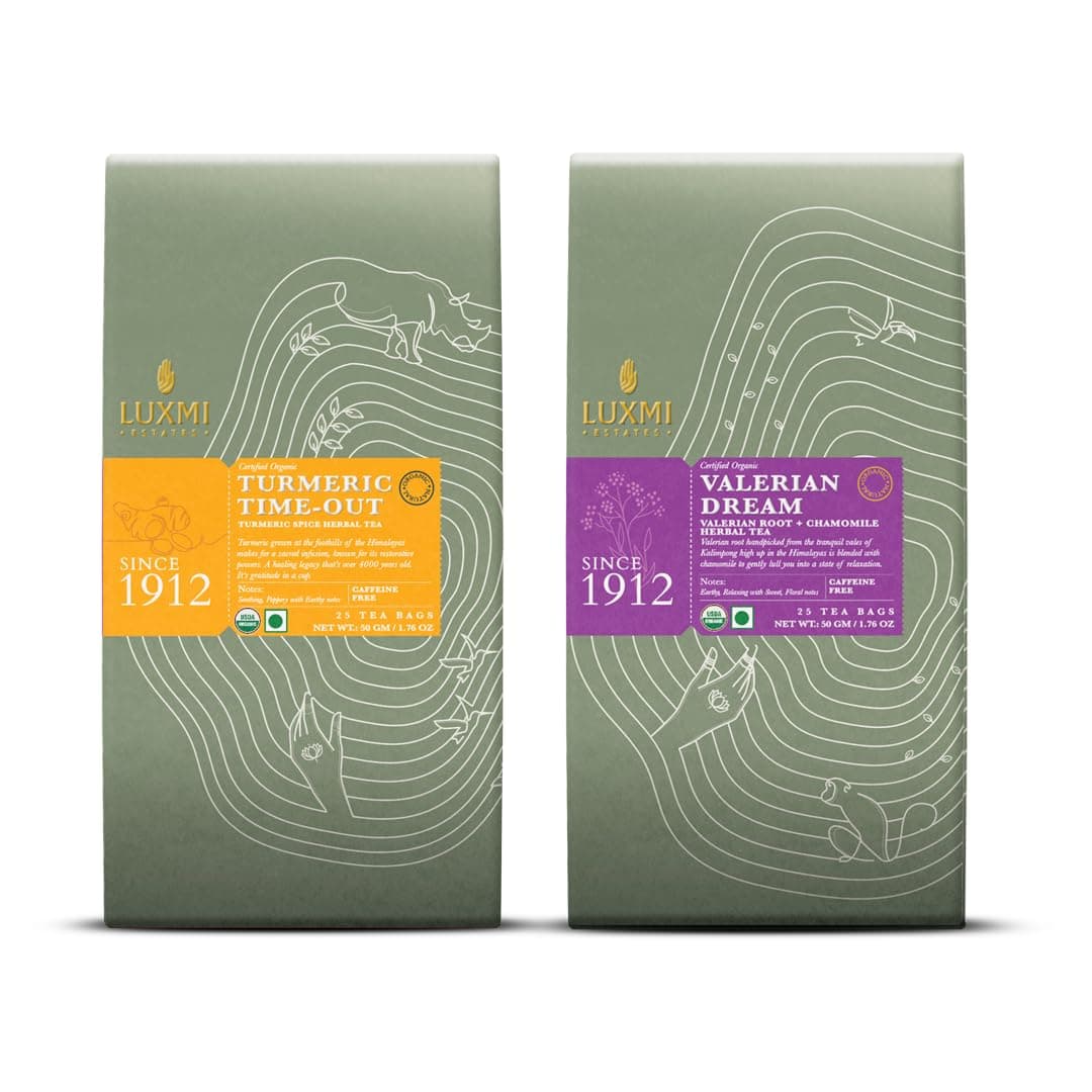 LUXMI Estates - Sleep Tea Bundle (2 Pack) - With Valerian Root, Rose, Hibiscus Lavender Stress Relief, Bedtime & Comforting Chamomile - Caffeine Free - 50 Gram Organic Herbal Tea Bags