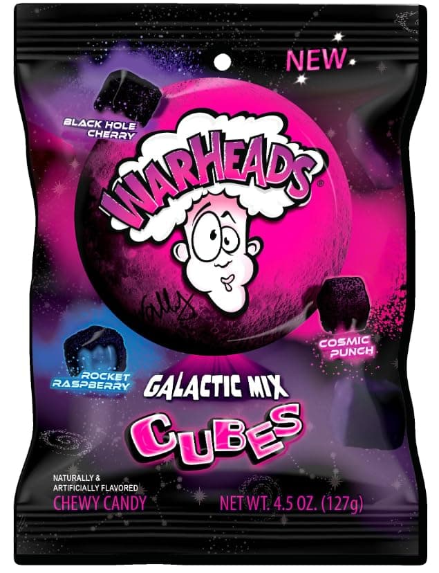 Warheads Galactic Mix Cubes Bag (127g) | Rocket Raspberry, Black Hole Cherry & Cosmic Punch | Tongue-Painting Galactic Blue | American Fruity Sour Candy Treat!