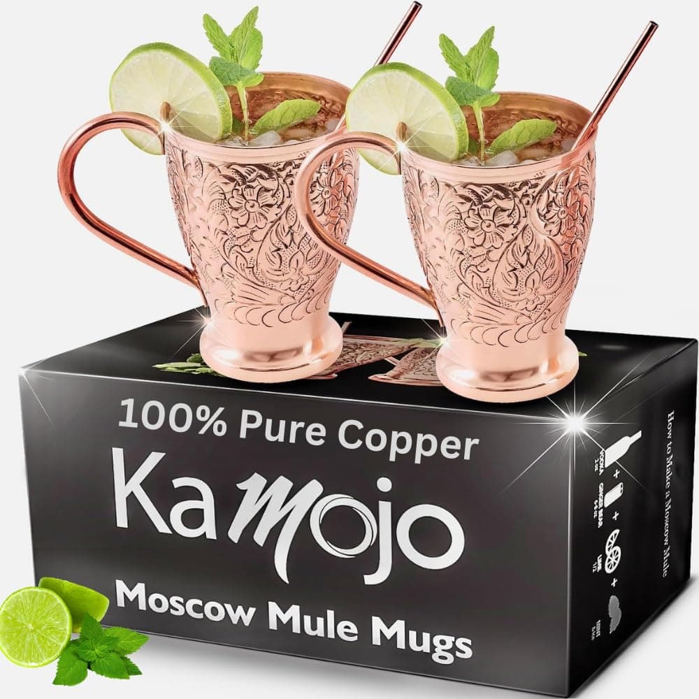 Copper Cups Set of 2 with Unique Handcrafted Embossed Design with Anti-Tarnish Food-Grade Coating - Moscow Mule Copper Mugs Gift Set with 2 Straws & Recipe E-Book, 16 oz