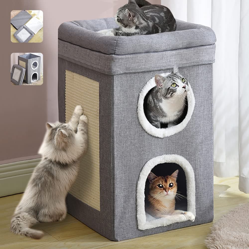 Foldable Cat House 2-in-1 Large Cats Cave Kitten Bed with Cube Cat Scratching Pad Collapsible Pet Hideaway Playground Kitten Tunnel Sleeping Cot Condo Furniture Baby Cat Stool Play Center(Grey)