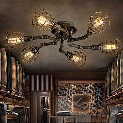 6 Lights Industrial Cage Pipe Pendant Light-LITFAD Retro Rustic Iron Brass Metal Vintage Hanging Pendant Lamp Edison Ceiling Chandelier Semi-Flush Fixtures