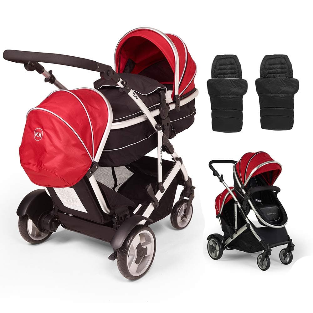 Kids Kargo Duel DS R. Includes 2 Footmuffs & 2 Rain-Covers. Red Double Tandem Pushchair