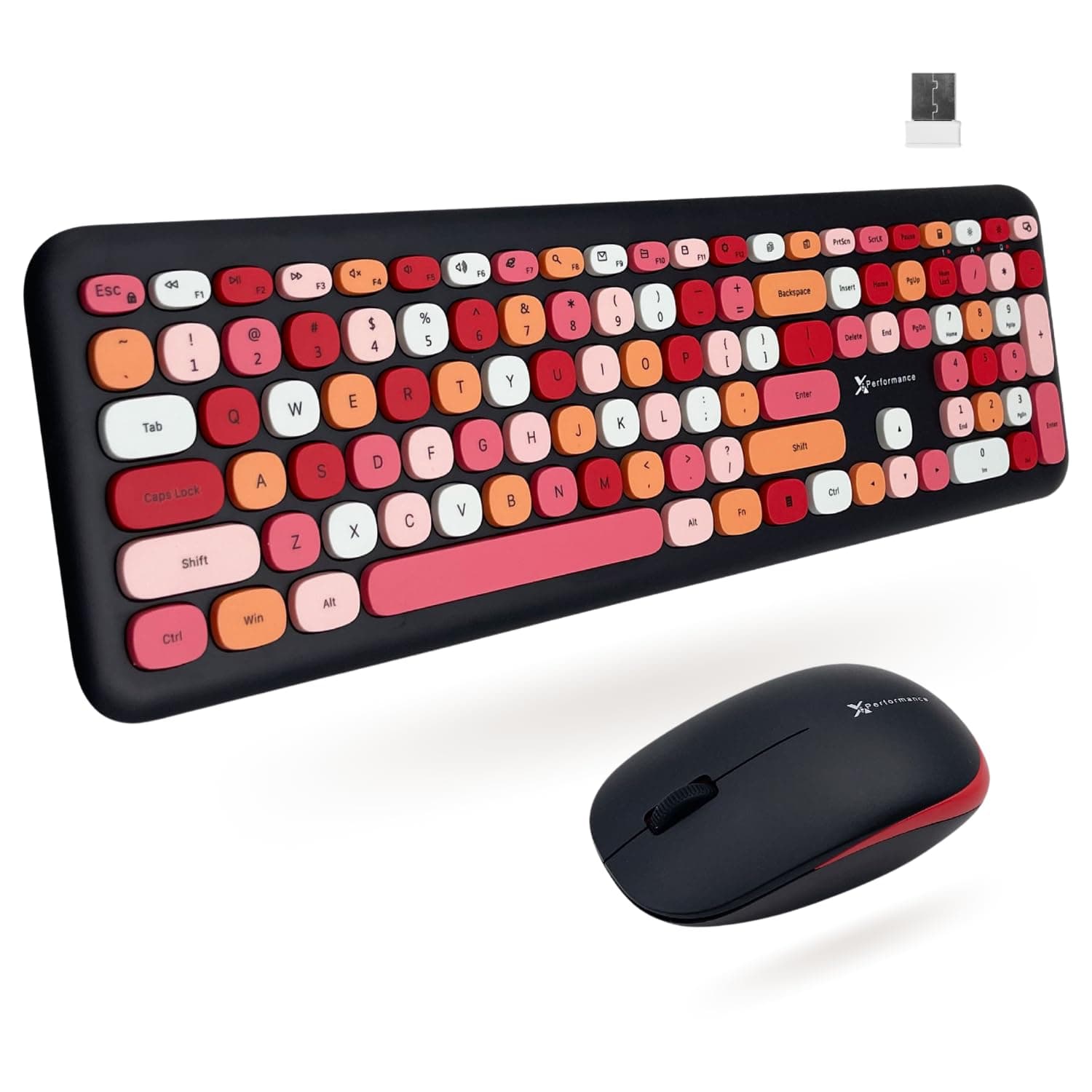 X9 Cute Wireless Keyboard and Mouse Combo - 2.4G Colorful Keyboard and Mouse Wireless with Retro Multi-Colored Typewriter, Keycaps for Windows Computer Keyboard, Laptop - Black