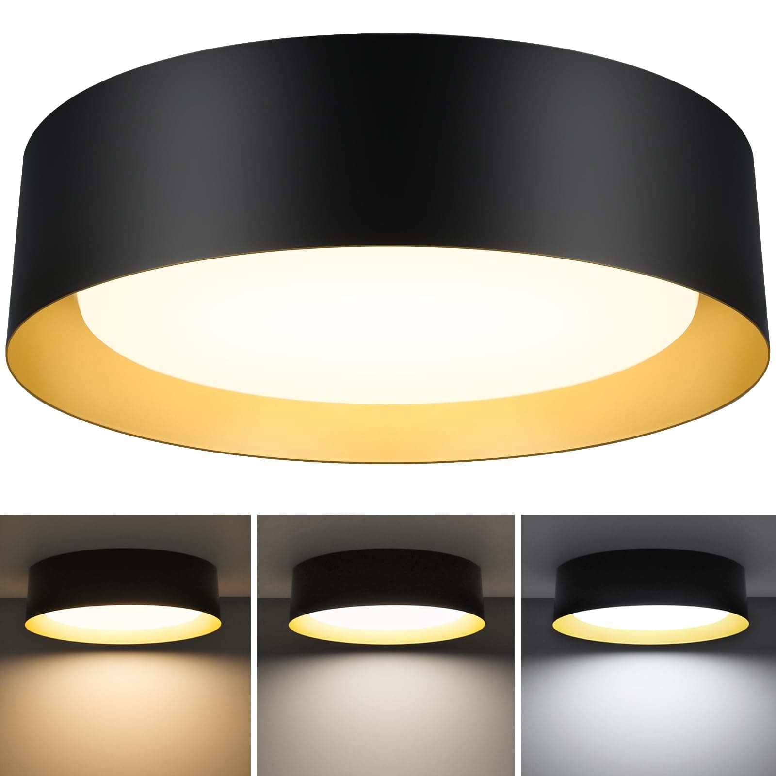 BrightHome Flush Mount LED Ceiling Light, 13in 2400LM 25W, 3 Color (3000K, 4000K, 5000K) Dimmable Black Gold Modern Lamp for Bedroom, Bathroom, Hallway, Kitchen