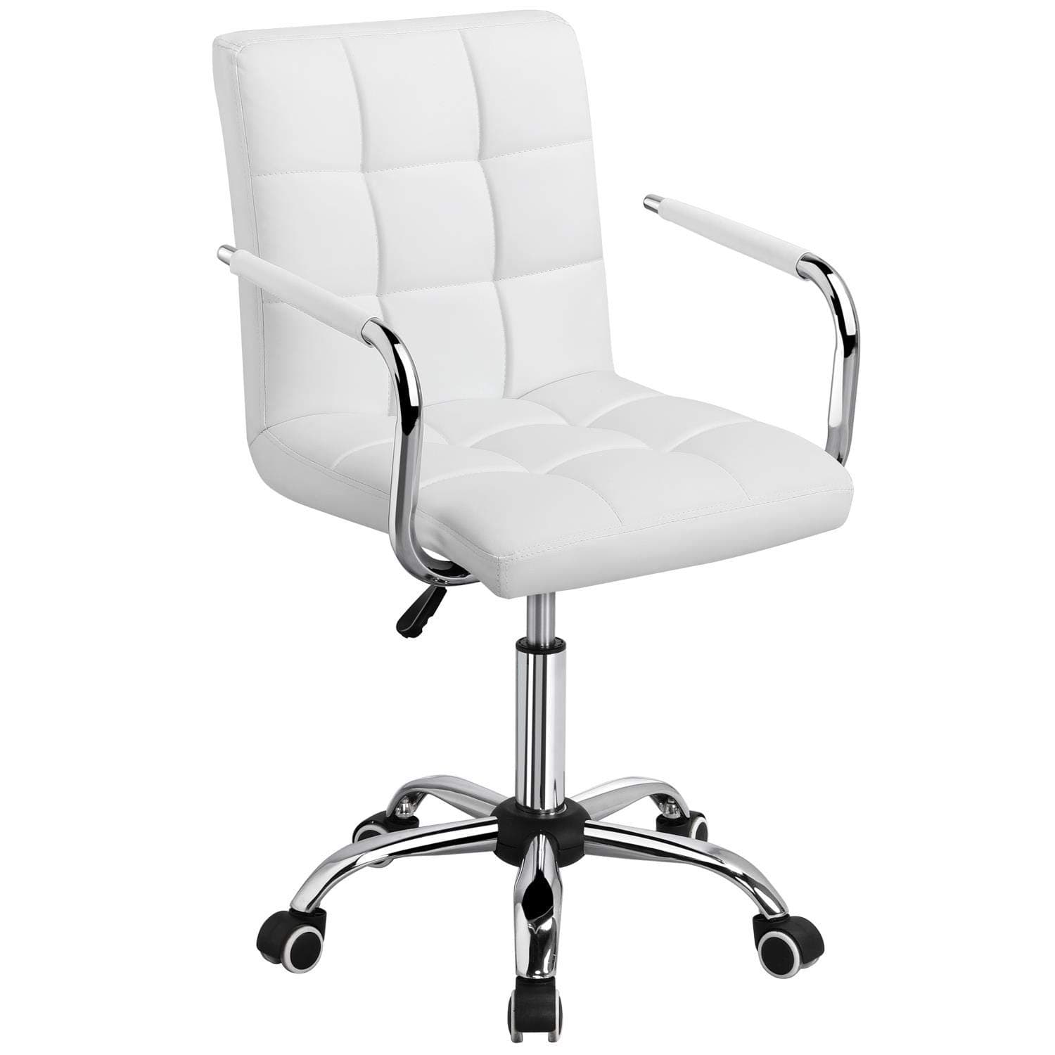 Yaheetech Adjustable Home Office Chair Leather Computer Desk Chair Mid Back Task Chair with Arms and Wheels for Study or Work White