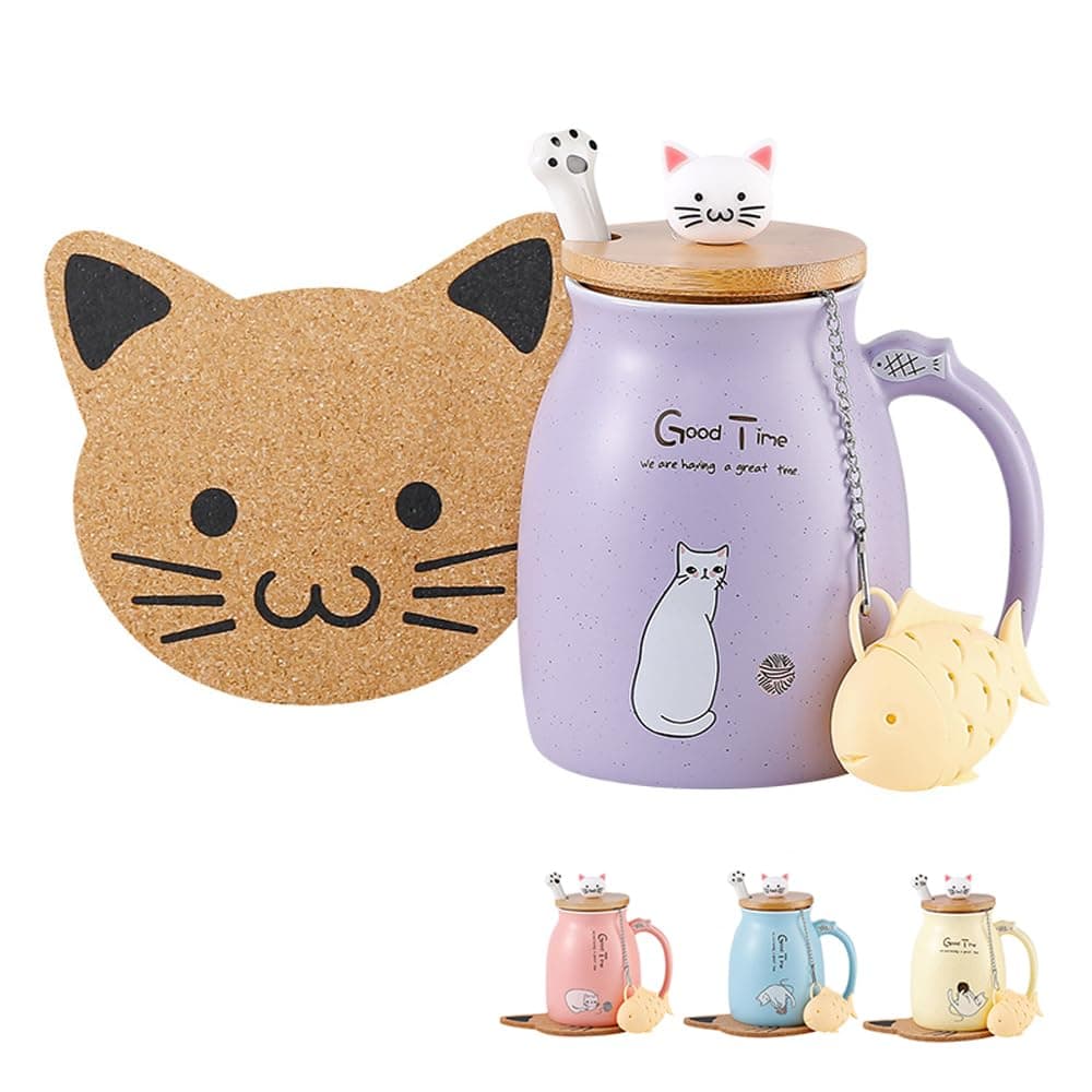 BigNoseDeer Cat Mug Cute Ceramic Coffee Cup with Lovely Kitty wooden lid Stainless Steel Spoon,Novelty Morning Cup Tea Milk Christmas Mug 380ML