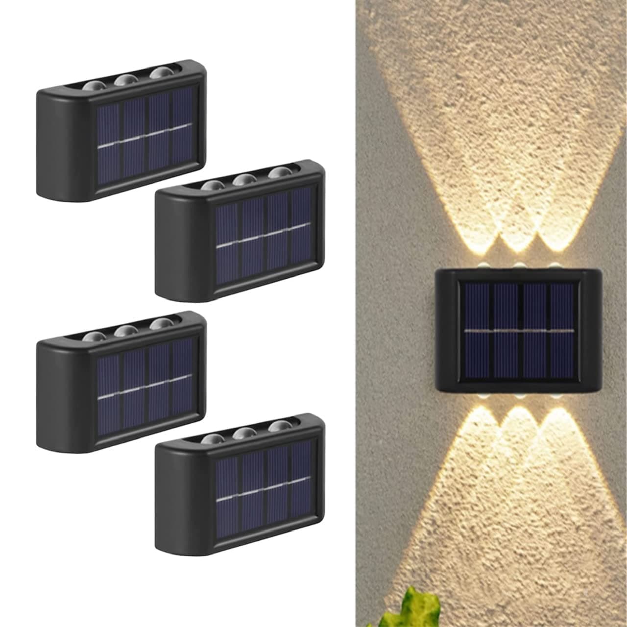 NEXT LIFE 6 Led Solar Up Down Wall Lights, Warm White Illuminate Outdoor Wall Lamps for House,Small Exterior Light Fixture Waterproof Nordic Style Lighting Decor for Home Garden Porch (4 Pack)