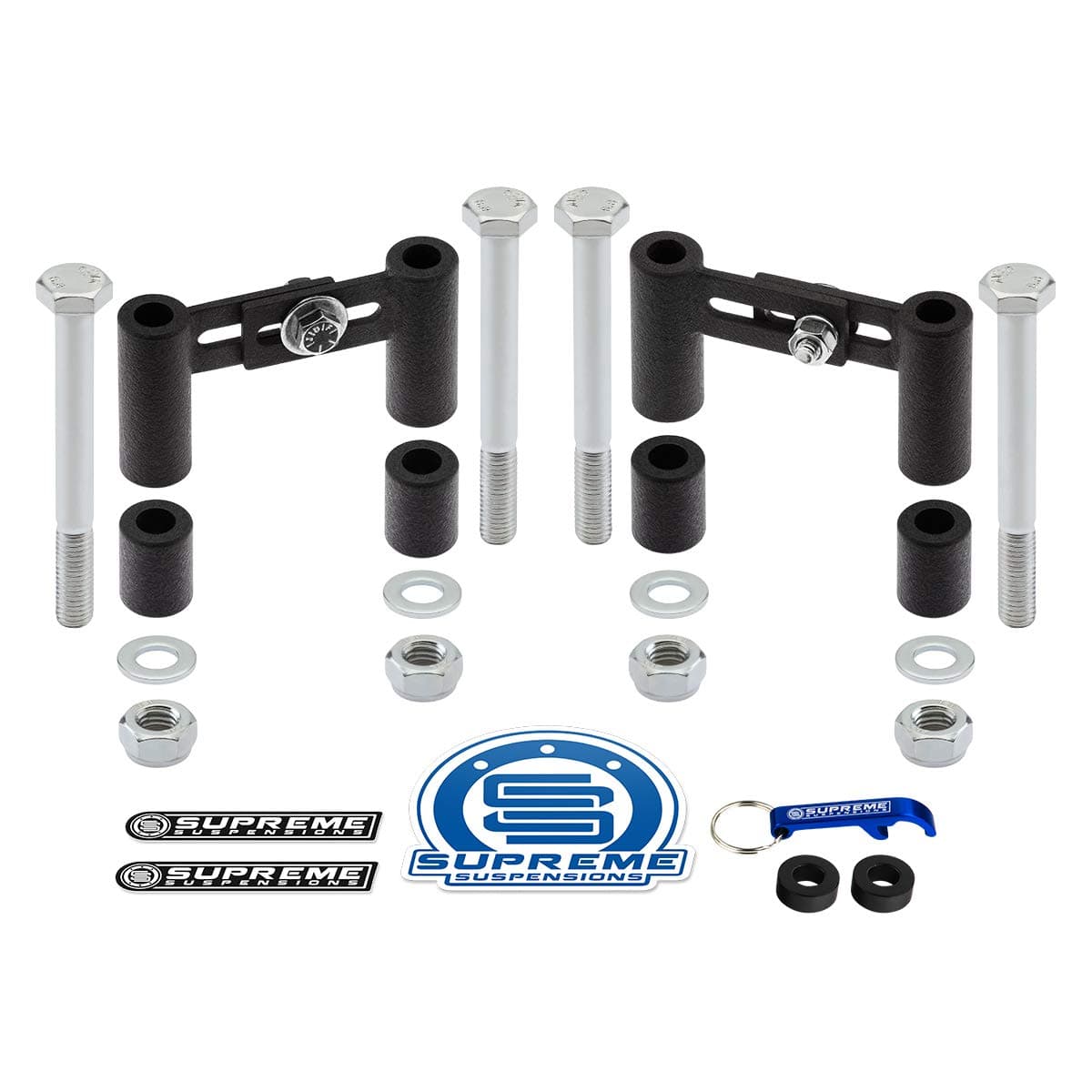 Supreme Suspensions - 2" or 3" Height and 2.5" to 3.5" Width Adjustable Rear Bar-Pin Shock Mount Extender Kit for 1982-2004 Chevrolet S-10 with Bar-Pin or Tie-Bar Mounted Shocks 2WD 4WD