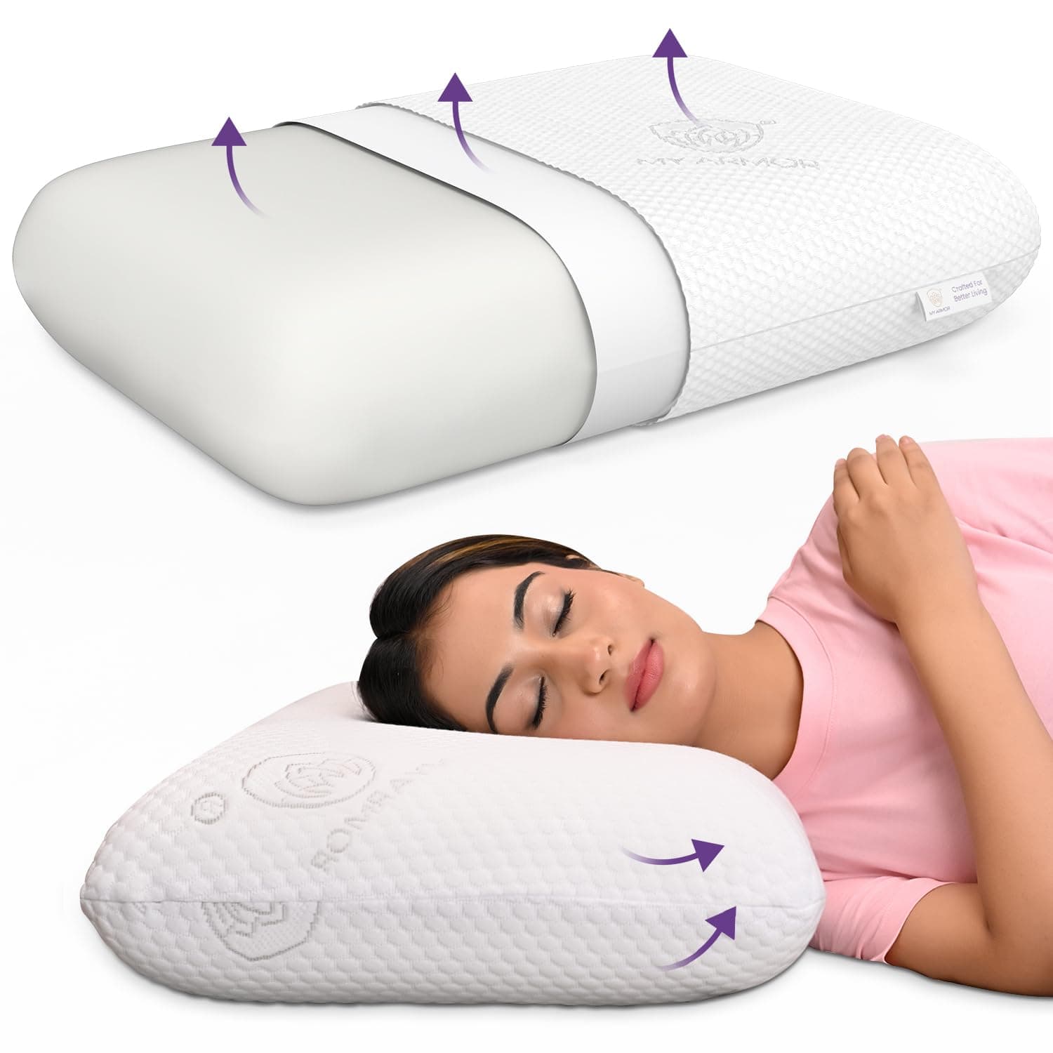 MY ARMOR Memory Foam Pillow, 5.5 Inch Extra Thick Orthopedic Pillow for Side Sleeping | 2 Years Warranty | with Removable Washable Jacquard Cover, White - Pack of 1