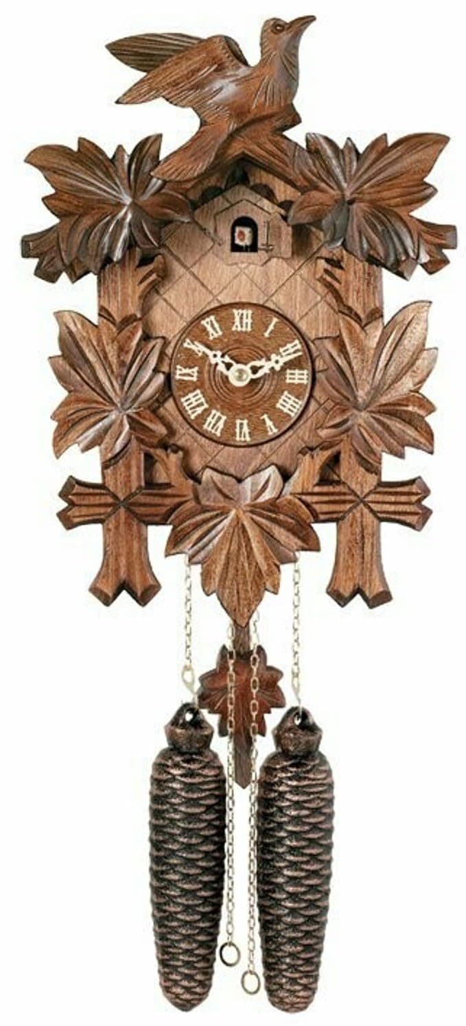 Traditional German Cuckoo Clock with Five Hand-Carved Maple Leaves and One Bird, 14-Inch Tall