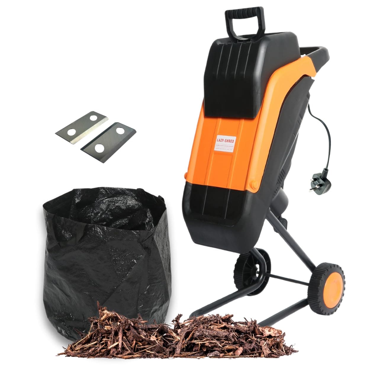 – Lazy-Shred Electric Garden Chipper Shredder Mulcher - 50L Debris Bag - Adjustable 45mm Cutting Width - Steel Blades - Powerful 2500w Motor - Safety Push Stick - Tree, Branch, Leaf