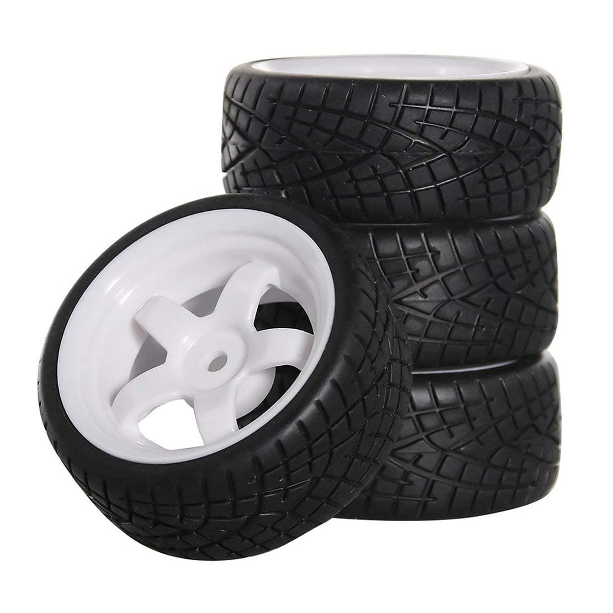 OD 2.55" 12mm Hex White 5-Spoke Plastic Wheel Rims & Rubber Tires Compatible with HSP HPI RC 1/10 On Road Racing Car