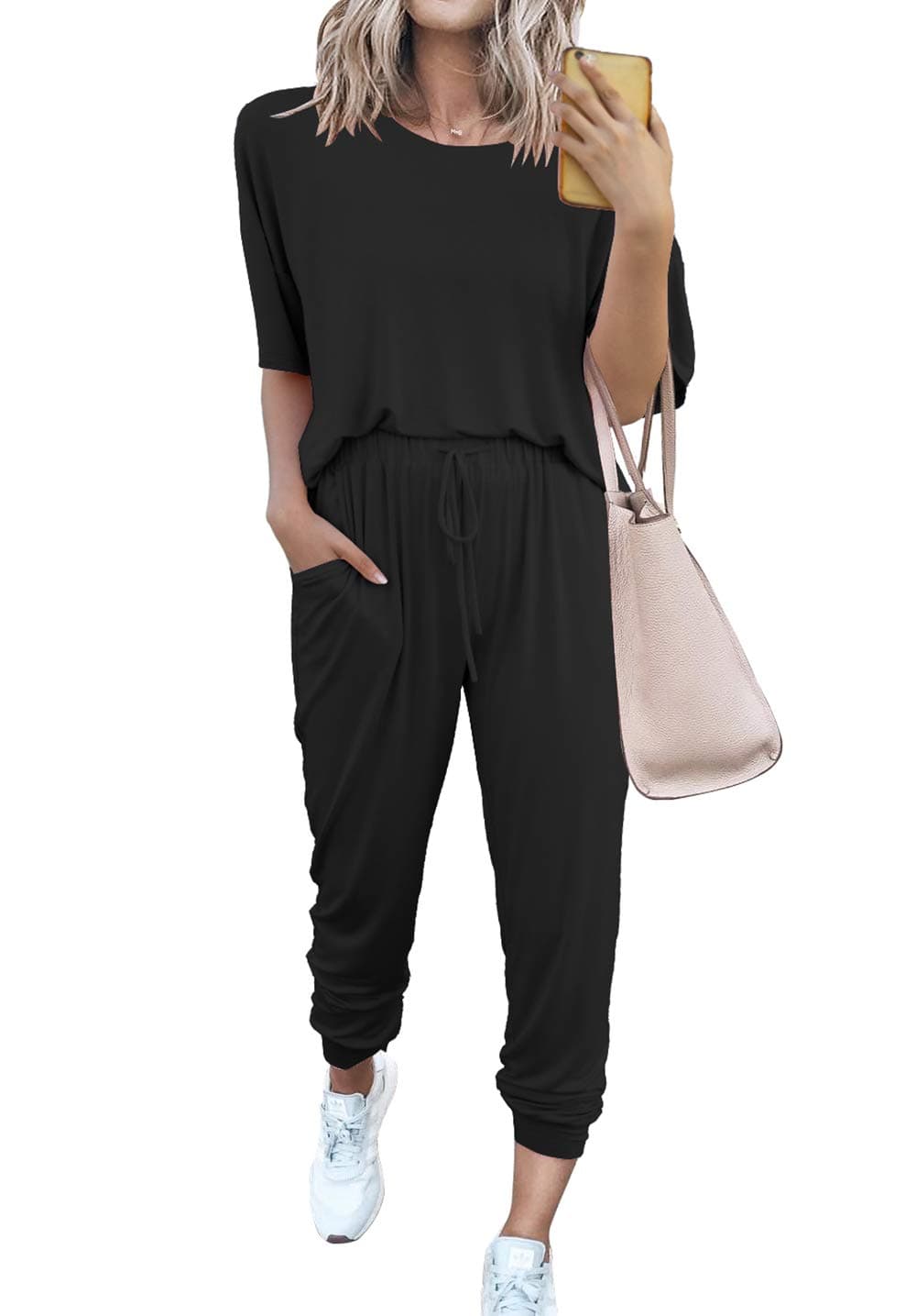 PRETTYGARDENWomen's 2 Piece Outfit Short Sleeve Pullover with Drawstring Long Pants Tracksuit Jogger Set