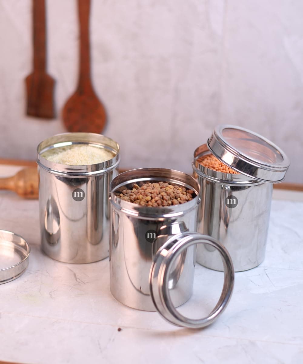 Steel Kitchen Containers Set - Stainless Steel Jars with See-Through Lids (1250ml Plain 3 Pcs)