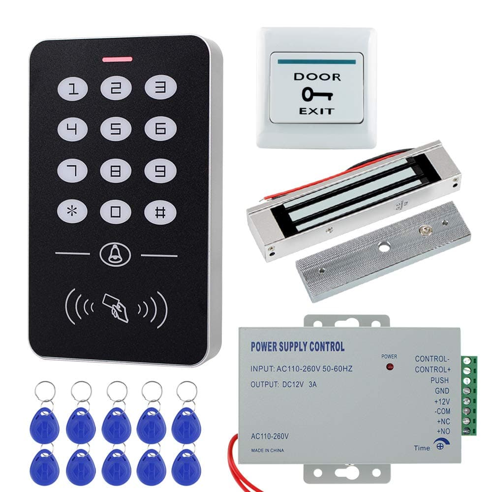 Full Access Control System Kit with Electric Strike Magnetic Lock + RFID Keypad + Power Supply + 10pcs RFID Keyfobs Tags (with 180KG Lock)