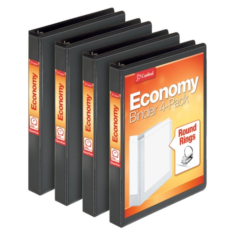 Cardinal Economy 3 Ring Binder, 1 Inch, Presentation View, Black, Holds 225 Sheets, Nonstick, PVC Free, 4 Pack of Binders (79512)