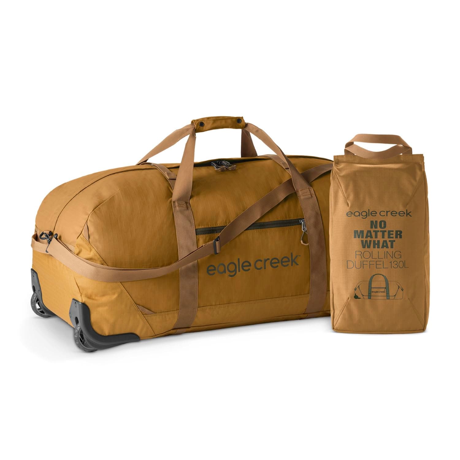 No Matter What 130L Rolling Duffle Bag with Wheels, Padded Handle, Removable Shoulder Strap, and Quick-Access Front Pocket, Collapsible, Safari Brown