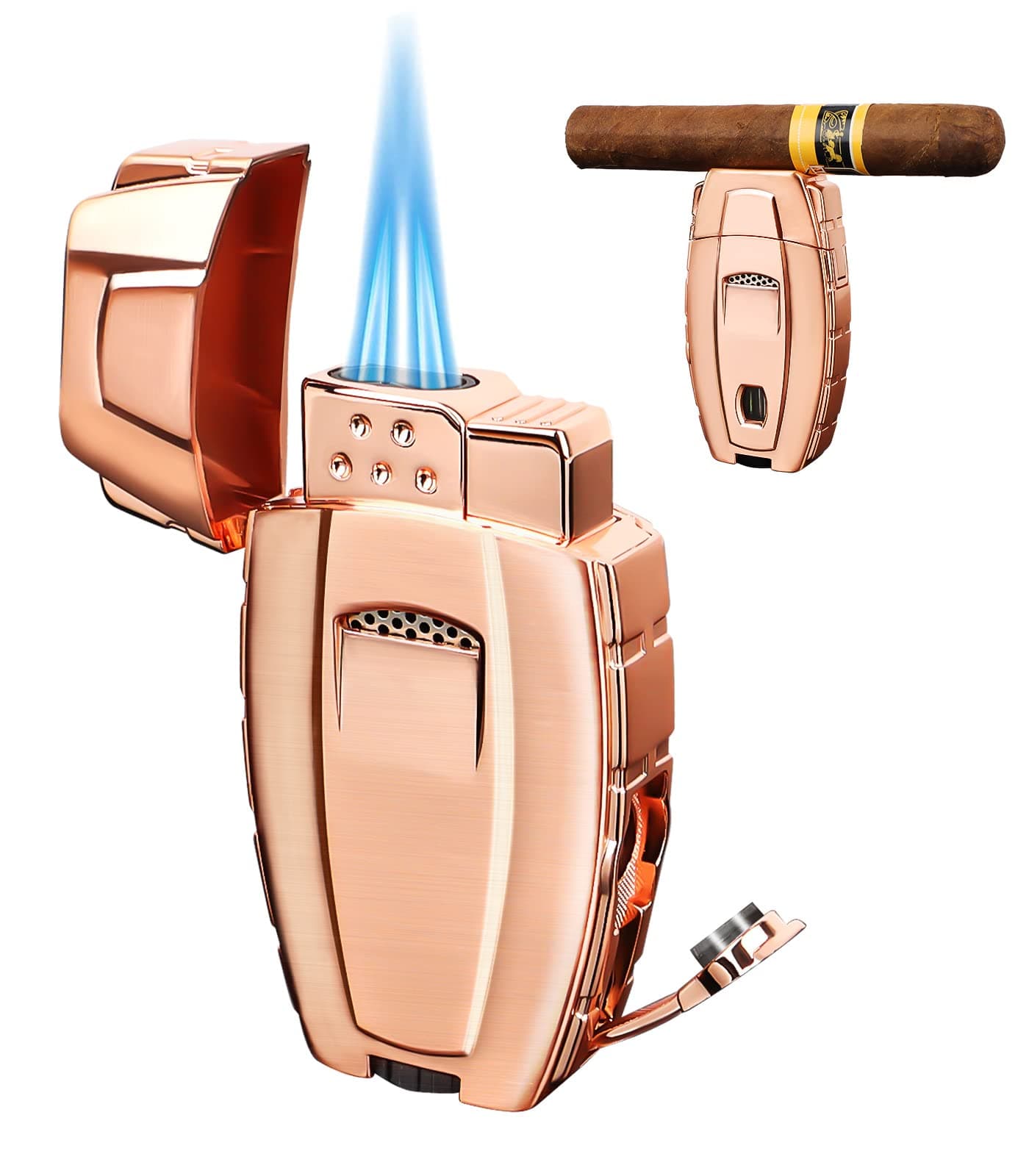 All-in-One Rose Gold Torch Lighter with Adjustable Dual-Flame, Hole Punch, Accessories Holder, Gorgeous Festival Gift, Windproof Refillable Butane Cool Lighters for Travel, Candles, Outdoors