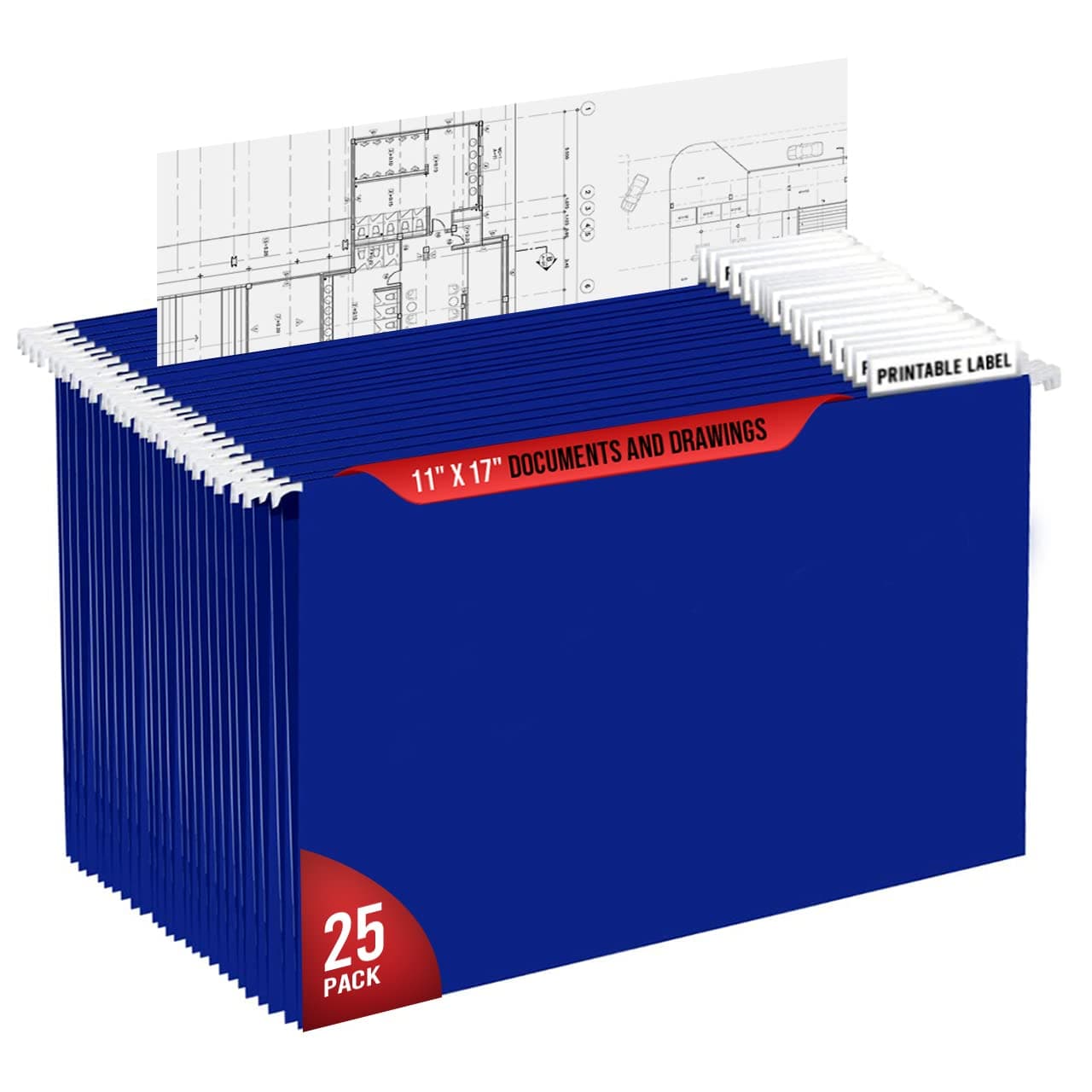 Performore 11X17 Hanging File Folders,1/5 Cut Adjustable Clear Plastic Tabs (25 Pack) Includes White Metal Rod Hangers, Plastic Label Tabs & Label Cards