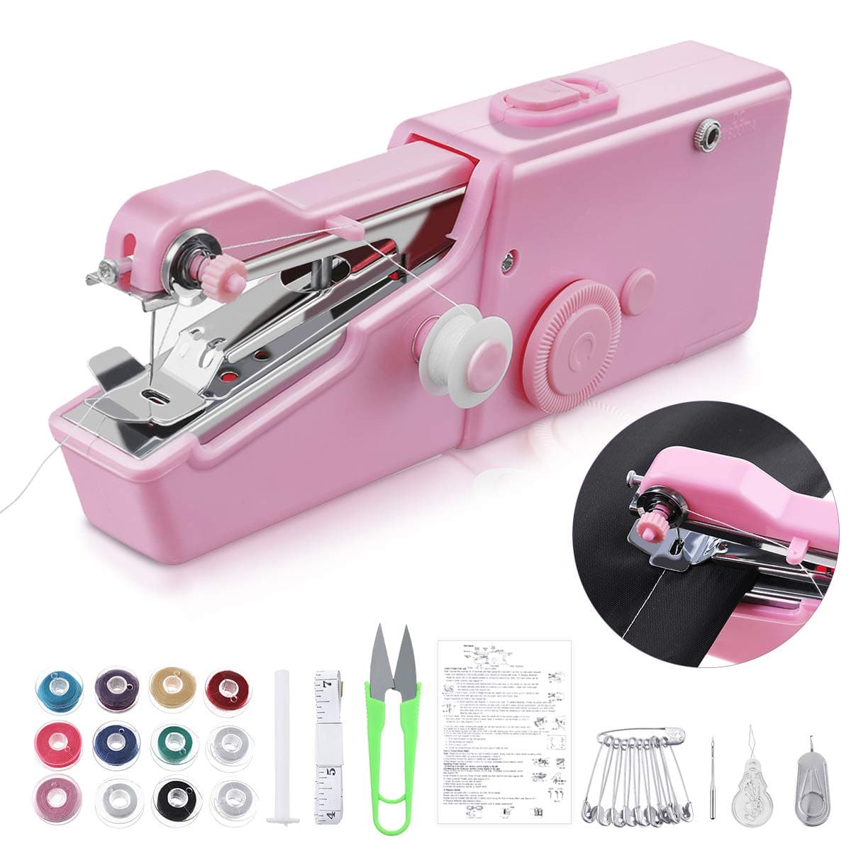 Mini Portable Electric Sewing Machine - Cordless Handheld Stitch Machine for Fabric, Clothing, Kids, Pet Clothes (Pink)