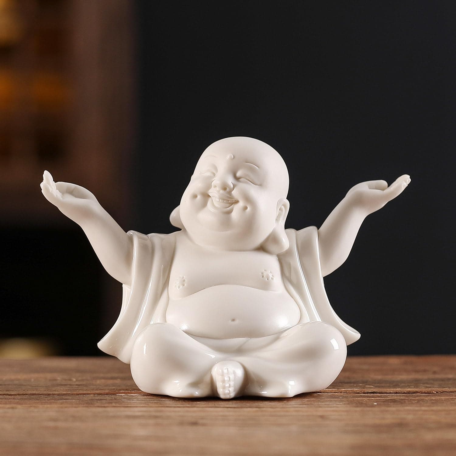 Houlu Small White Laughing Buddha Statue for Home Decor, Ceramic Happy Buddha Statue Indoor for Good Luck