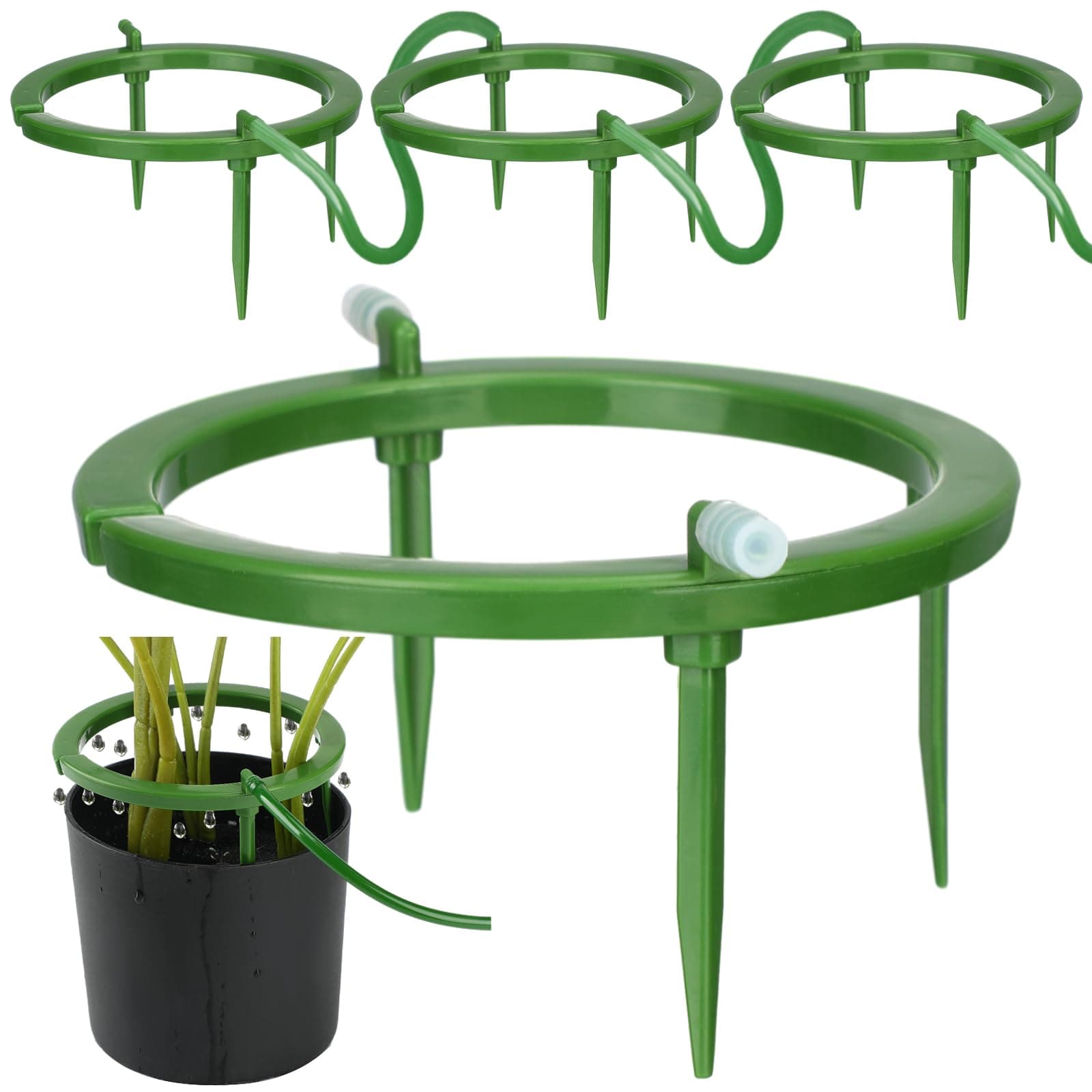 4 Set Water Ring 3 Leg Support Drip Emitter Drip Ring with 1/8 Inch Barbed Inlet Fitting Removable Stakes for Grow Media Irrigation System Rain Watering Tree Plants, Green (5 Inch)