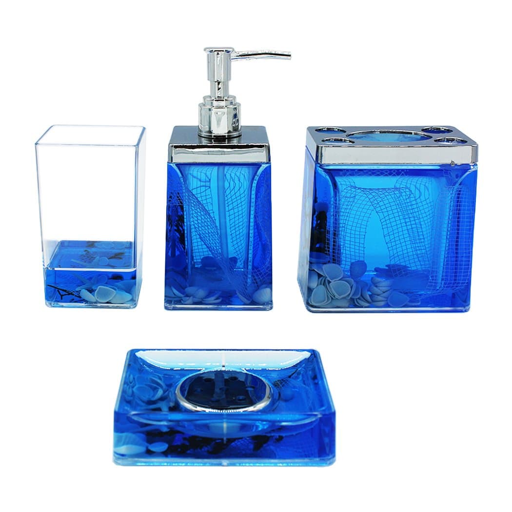 EUMAT Ocean Series Bathroom Organizer Set Bule Acrylic 4 PCS Bathroom Washing Accessory Set With Net And Sea Shell