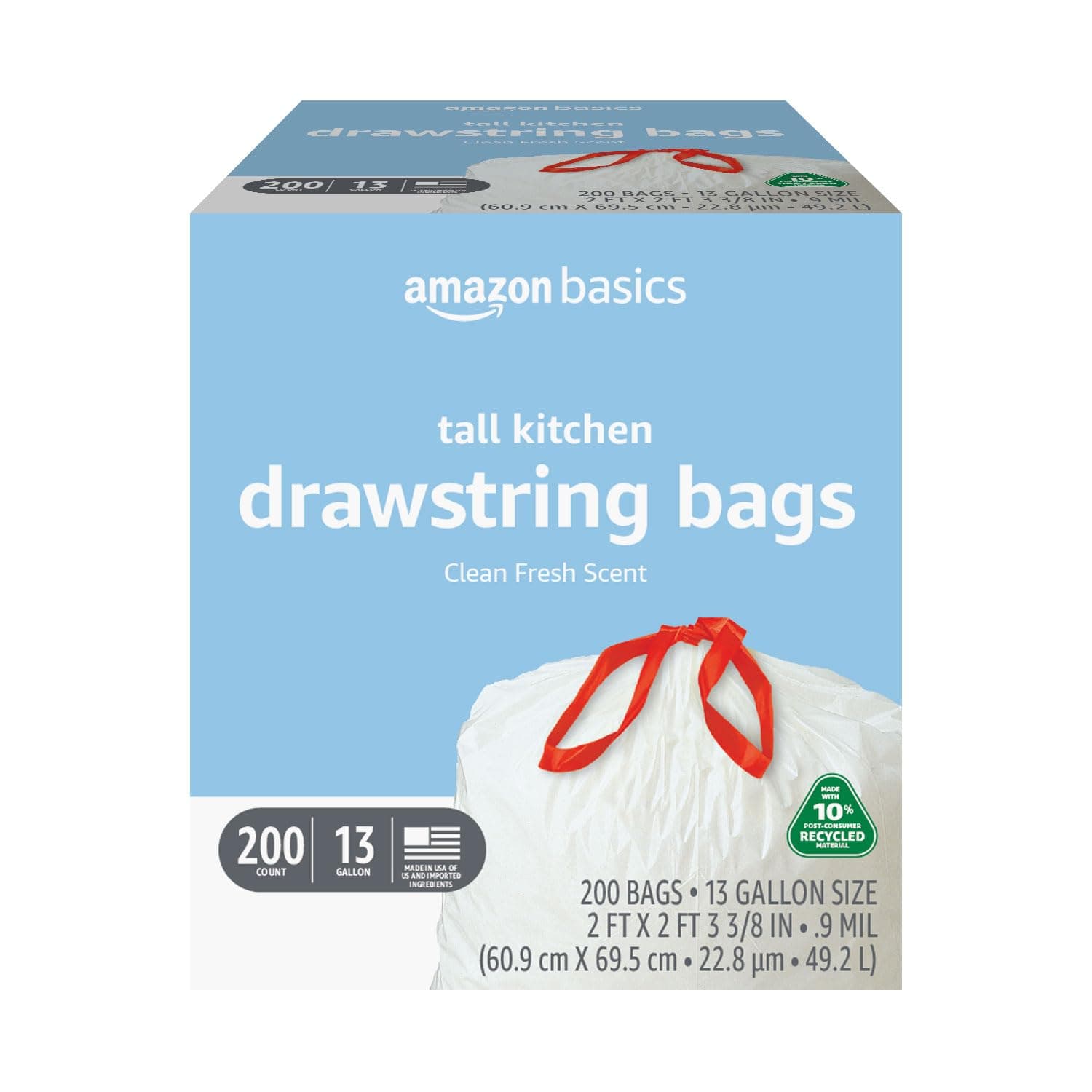 Amazon Basics 13 Gallon Tall Kitchen Drawstring Trash Bags, Clean Fresh Scent, 10% Post Consumer Recycled, 0.9 mil Thick, 200 Count