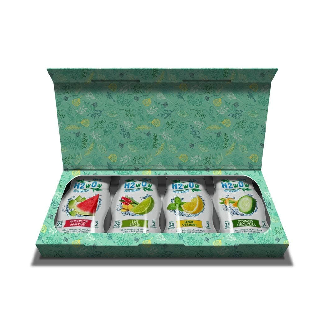 H2wOw Water enhancer drops made from real fruit extracts, Natural and Organic ingredients - 4 flavors in a gorgeous gift box