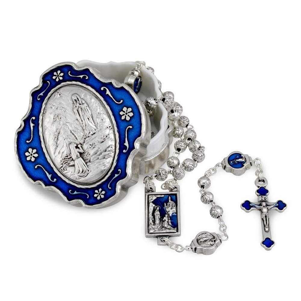 Catholic Rosary Beads with Metal Keepsake Gift Box Set