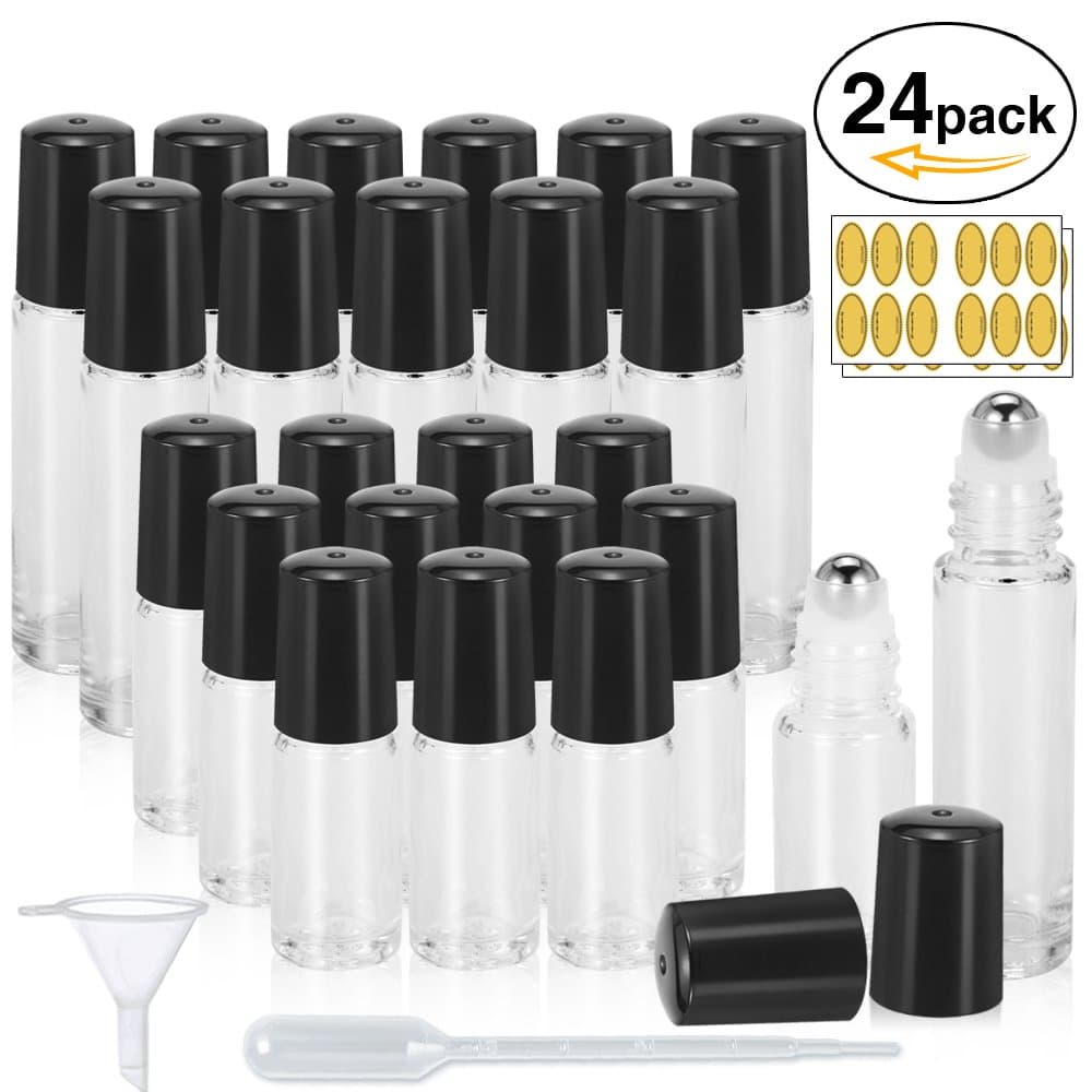 Essential Oil Roller Bottles Clear, Roll on Bottles, Roller Top, 10ml 12 Pack, 5ml 12 Pack, 24 Pcs Labels