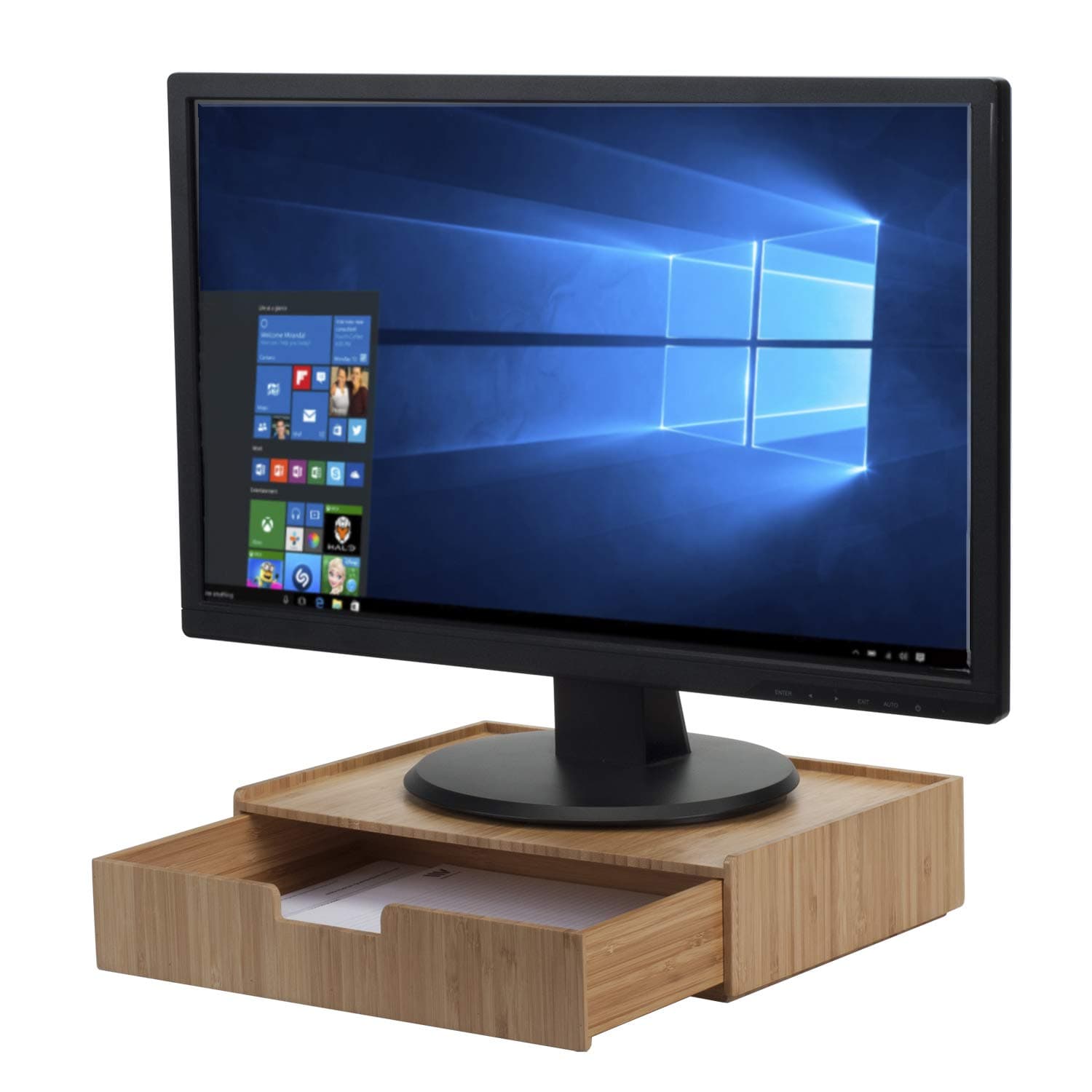 Bamboo Drawer Large, Monitor Stand & Stackable Storage Solution for office products pens, pencils, scissors, notepads, business cards and more