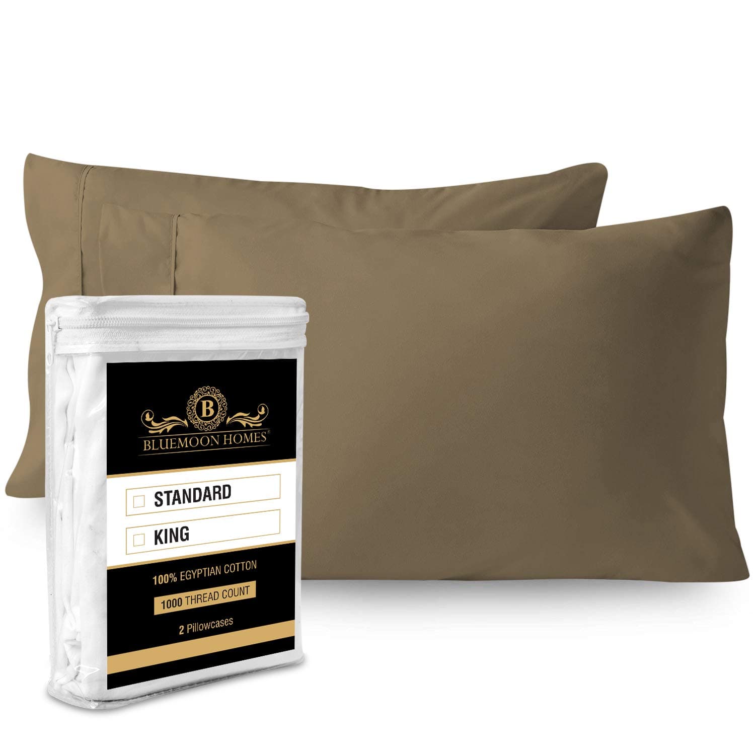 Bluemoon Homes King Size Pillowcases 100% Cotton 1000 Thread Count Egyptian Sateen Weave Combed Pure Natural Long-Staple Sleeping Cover Soft & Silky Set of 2 Cotton Pillow Cover(Taupe)