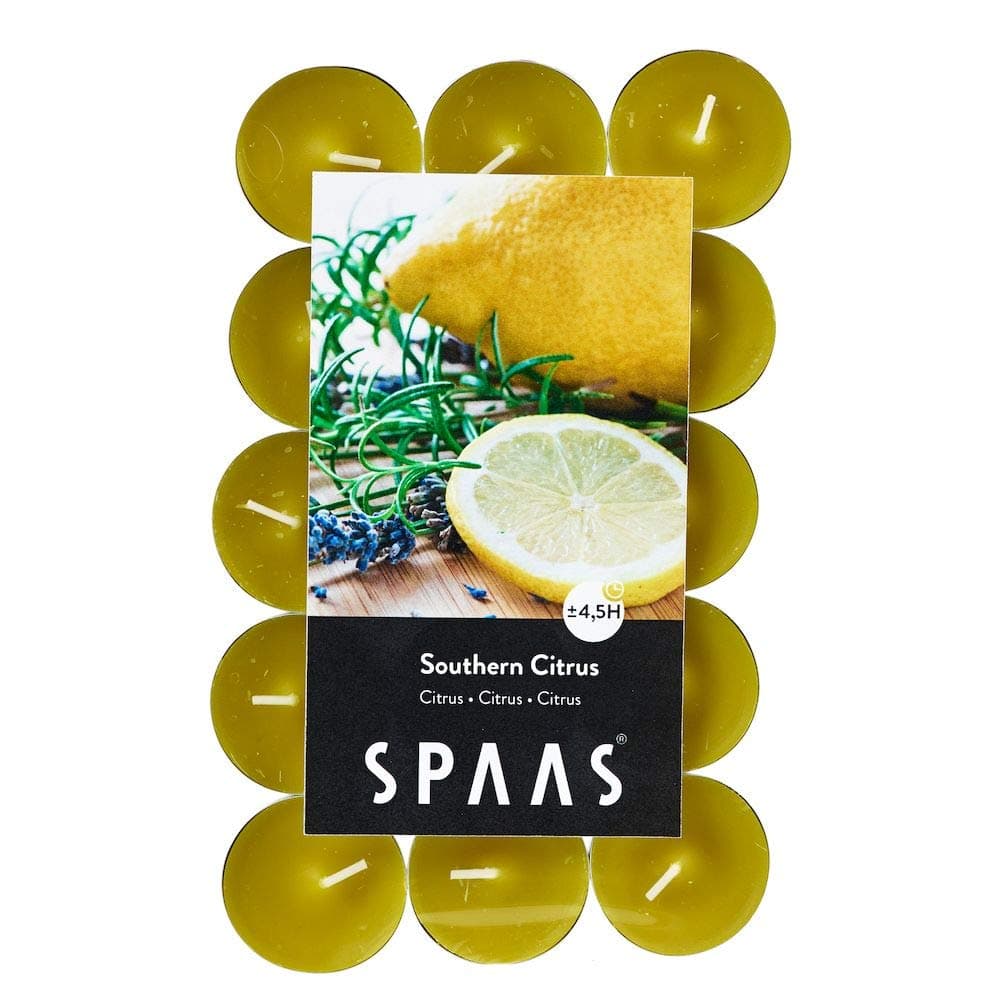 Spaas 30 Scented Tealights in Flatpack, ± 4.5 Hours, Southern Citrus, Autumn Yellow