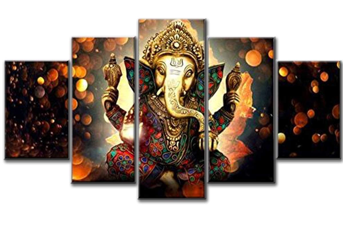 5 Pcs Indian God Ganesh Deity Abstract Canvas - 5 piece Ganpati Bappa Maurya Canvas For Your Home/Office Room (40x60cmx2,40x80cmx2,40x100cmx1)