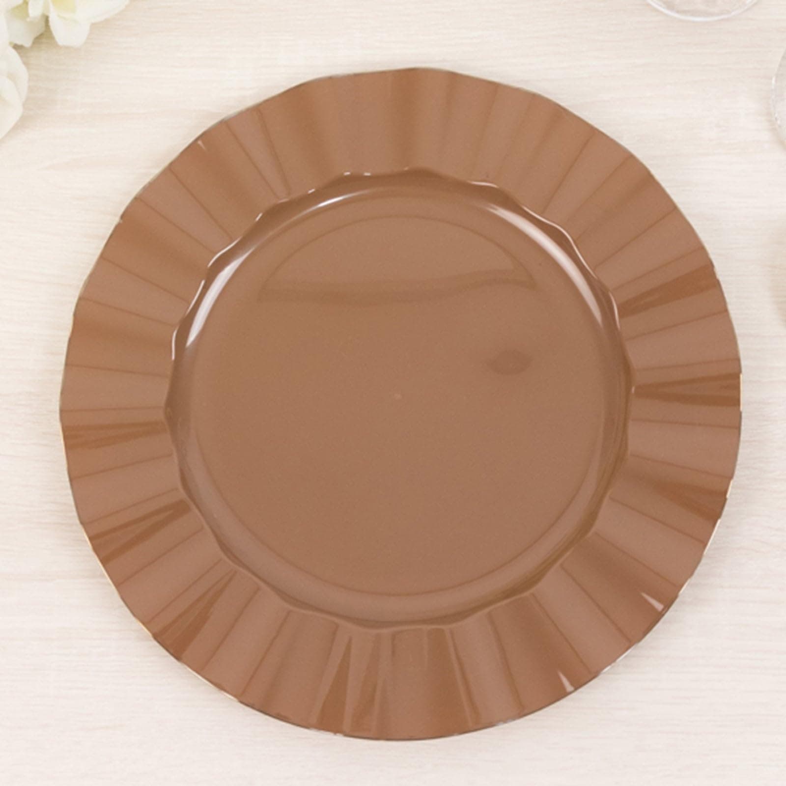 Efavormart 10 Pack Hard Plastic Large Dinner Plates with Gold Ruffled Rim, Heavy Duty Coffee Brown Disposable Round Dinnerware 11"