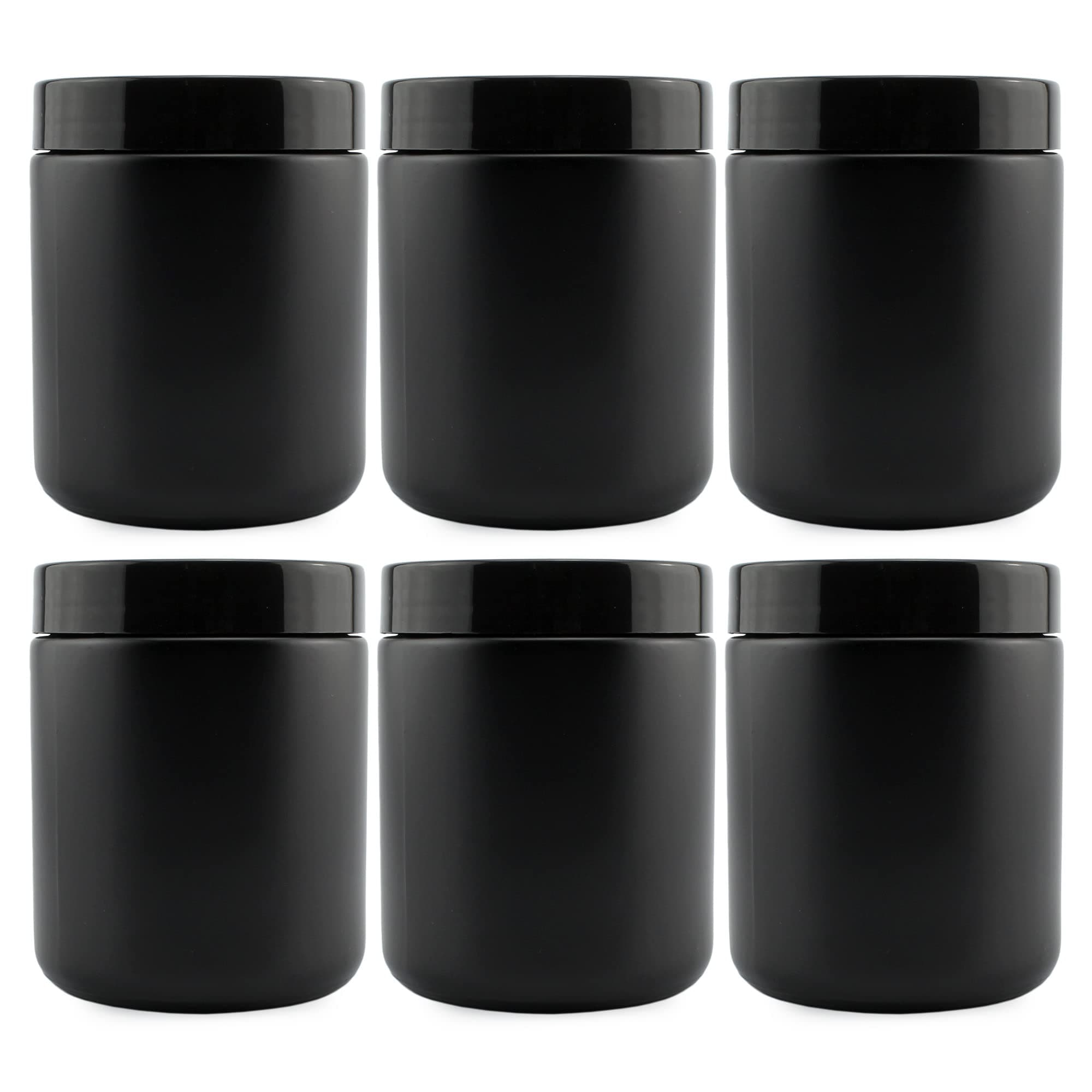 Cornucopia Brands 8oz Black Coated Glass Jars (6-Pack); Cosmetic Jars with Black Plastic Lids and Black Matte Exterior, 8-Ounce / 9-ounce Capacity