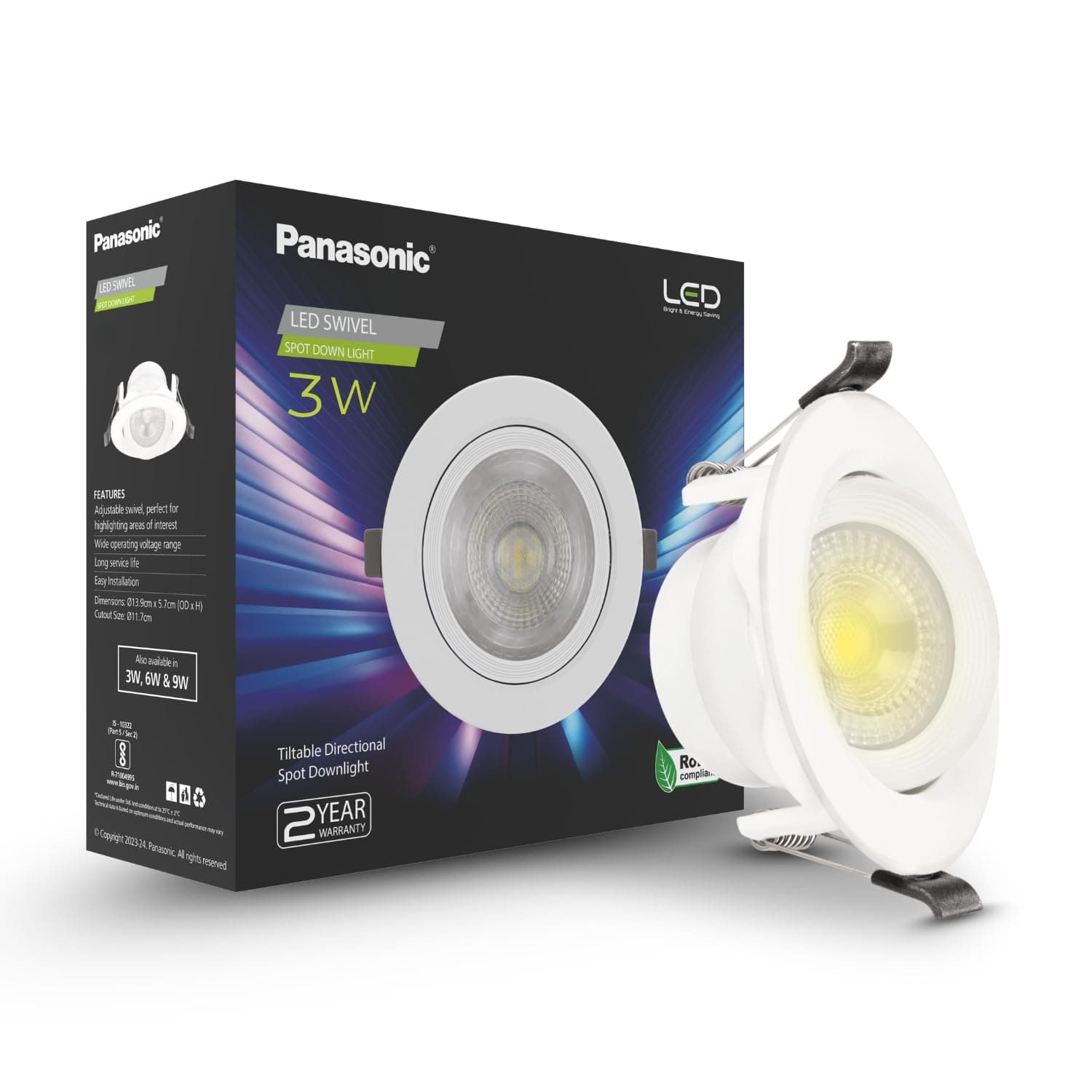 Panasonic Polycarbonate 3 Watt Round Swivel Downlight, 3W Swivel Ceiling Light, Swivel Conceal Surface Light for Home, 3000k Warm White Swivel Downlight