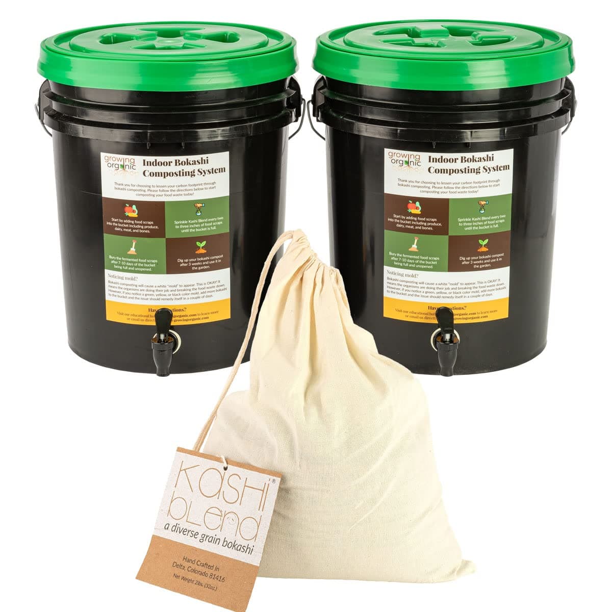 2 Bucket Indoor Bokashi Composting System - Kitchen Compost Buckets with A Spout - Air Tight Gamma Seal Lid - Practical Way to Collect All Your Organic Waste - 2lbs of Kashi Blend