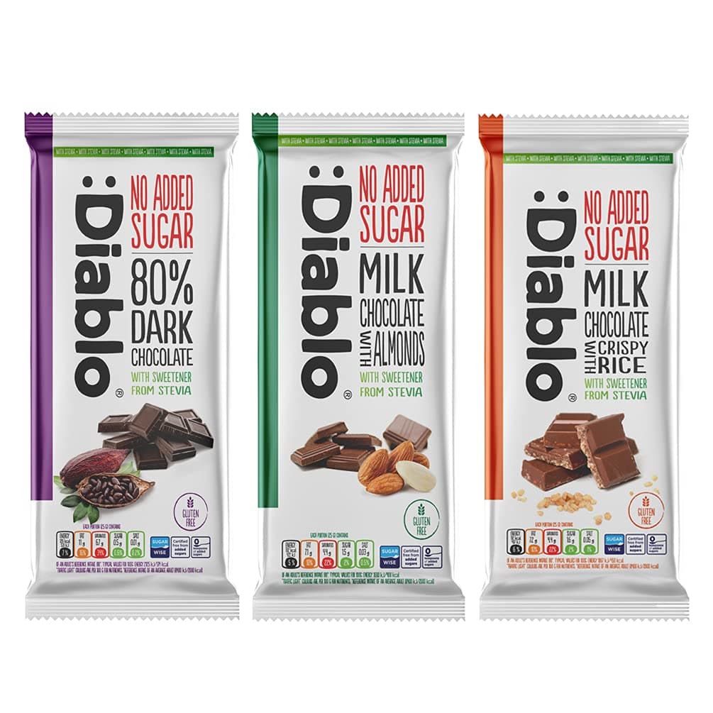 Diablo No Added Sugar Chocolate Bar – 3 Flavour Selection of 80% Dark, Milk with Almonds & Crispy Rice, Sweetened with Stevia, Gluten Free Chocolate for Gifts, Birthdays & Hampers, 75g (Pack of 3)